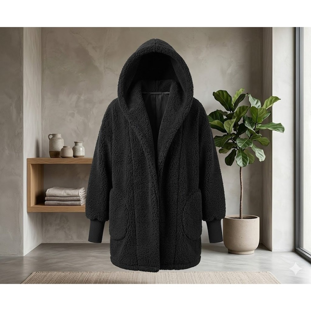 Homebody Black Sherpa Fleece Hooded Cardigan Oversized Jacket‎ M/L Embroidery